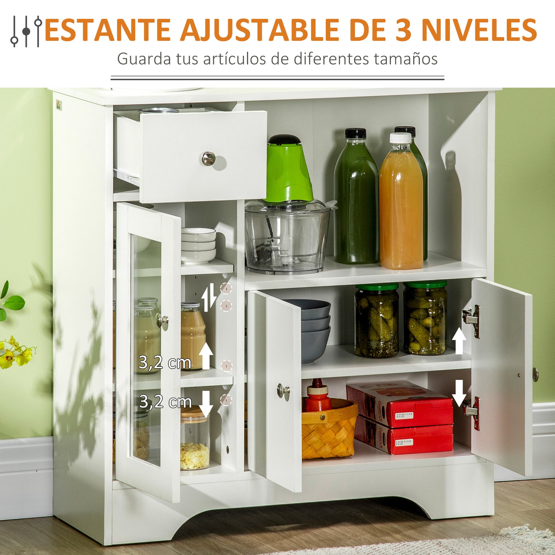 White Sideboard Modern Kitchen Sideboard with Glass Door Drawer Open Shelf and Adjustable Shelves Storage Unit for Dining Room Living Room 80x30x82 cm White