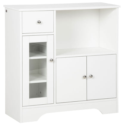 White Sideboard Modern Kitchen Sideboard with Glass Door Drawer Open Shelf and Adjustable Shelves Storage Unit for Dining Room Living Room 80x30x82 cm White