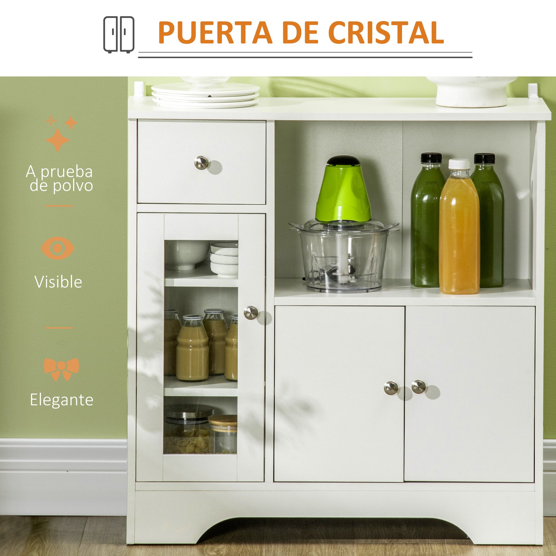 White Sideboard Modern Kitchen Sideboard with Glass Door Drawer Open Shelf and Adjustable Shelves Storage Unit for Dining Room Living Room 80x30x82 cm White