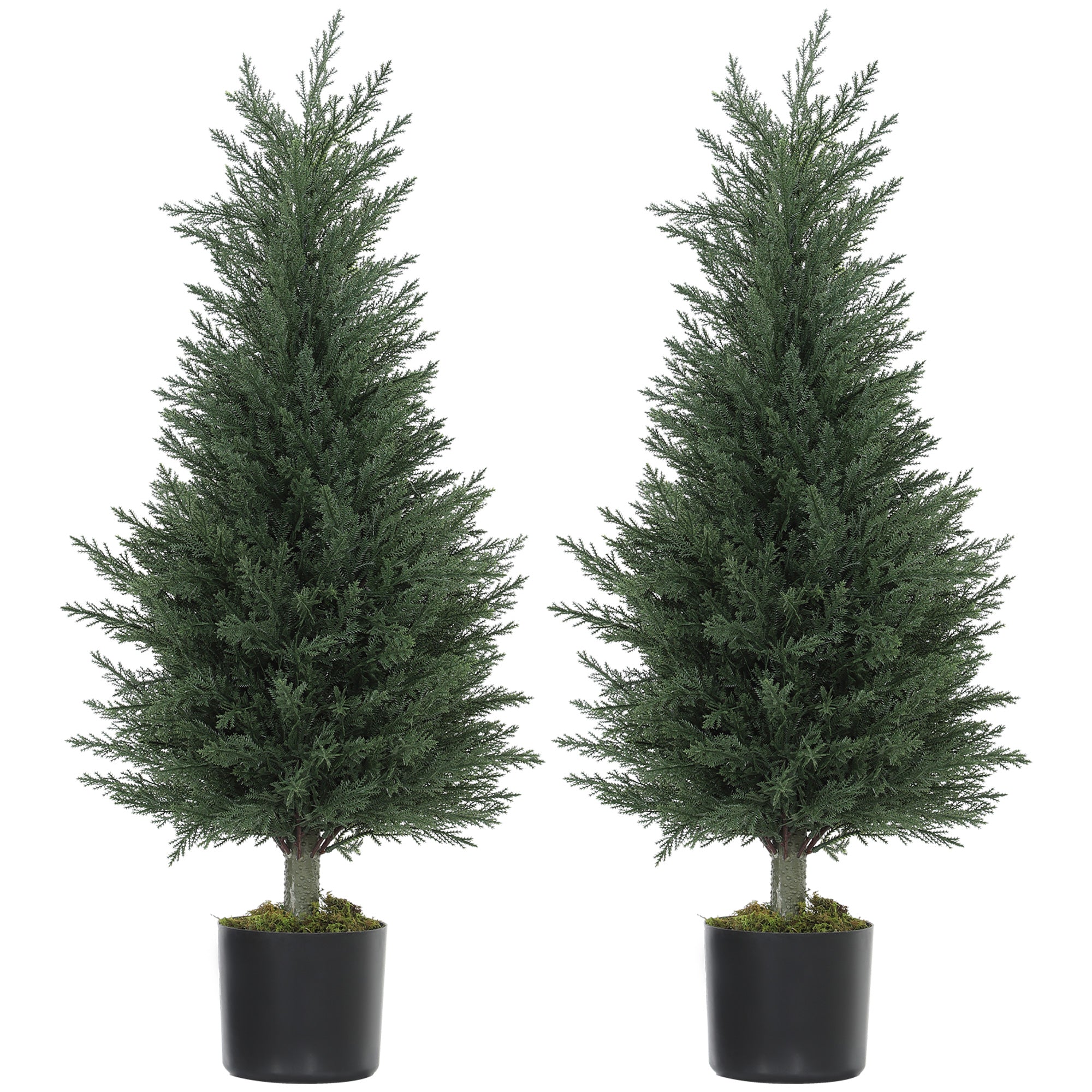 Set of 2 Artificial Cypress Trees, 35.4 in Faux Plants with Moss in Pots, UV-Resistant — Realistic PE Leaves for Indoor & Outdoor Decor