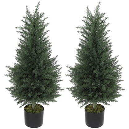 Set of 2 Artificial Cypress Trees, 35.4 in Faux Plants with Moss in Pots, UV-Resistant — Realistic PE Leaves for Indoor & Outdoor Decor