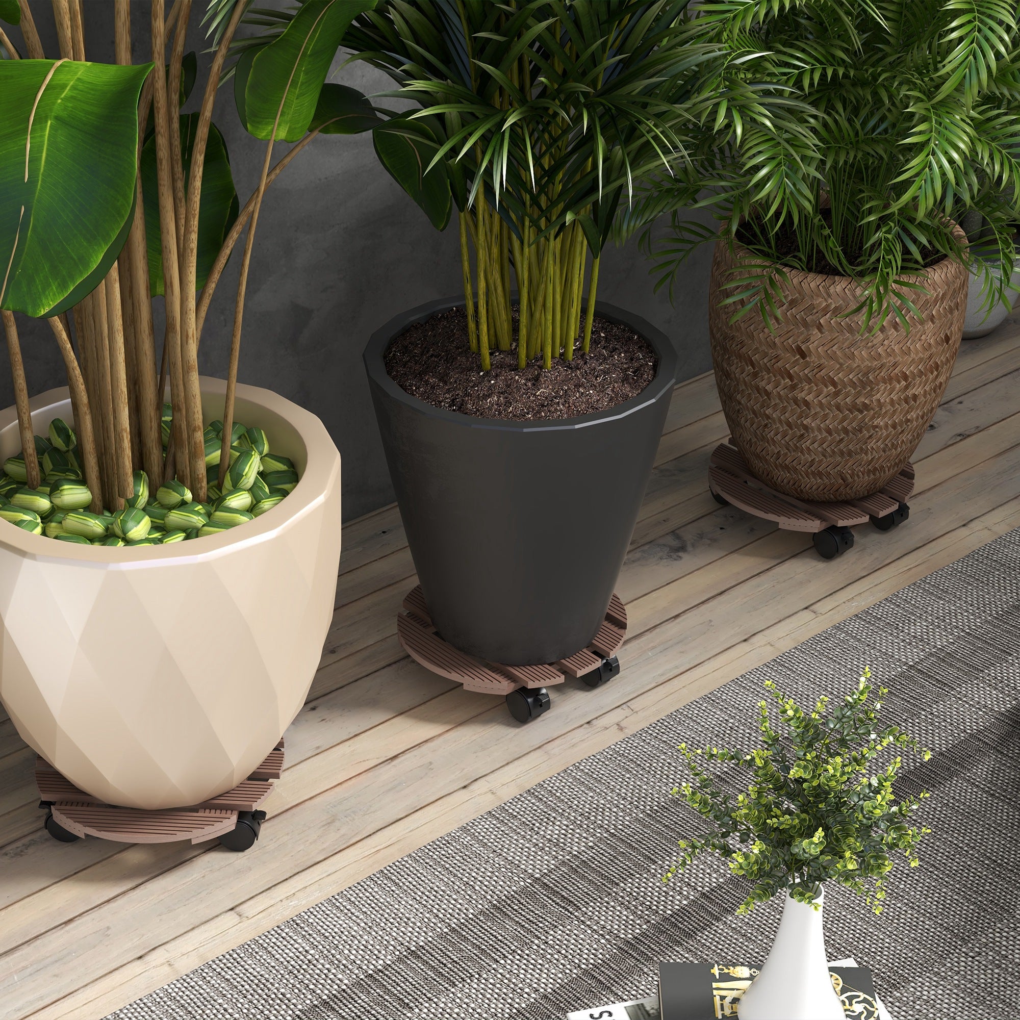Set of 4 Round Plant Stands with Wheels - Flower Pot Holder Rolling Stand, for Indoor and Outdoor Use