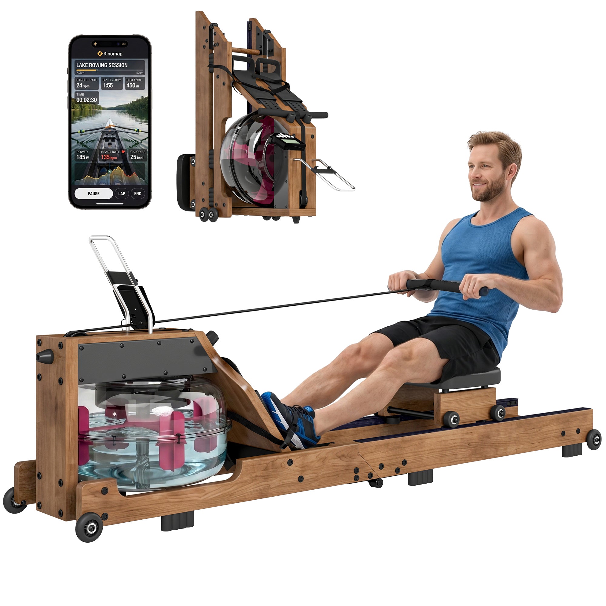 SPORTNOW Foldable Water Rower – Rubberwood Frame, Bluetooth App Compatible, Dual Aluminum Rails, LCD, Comfortable Padded Seat, Phone Holder, 348 lb Capacity