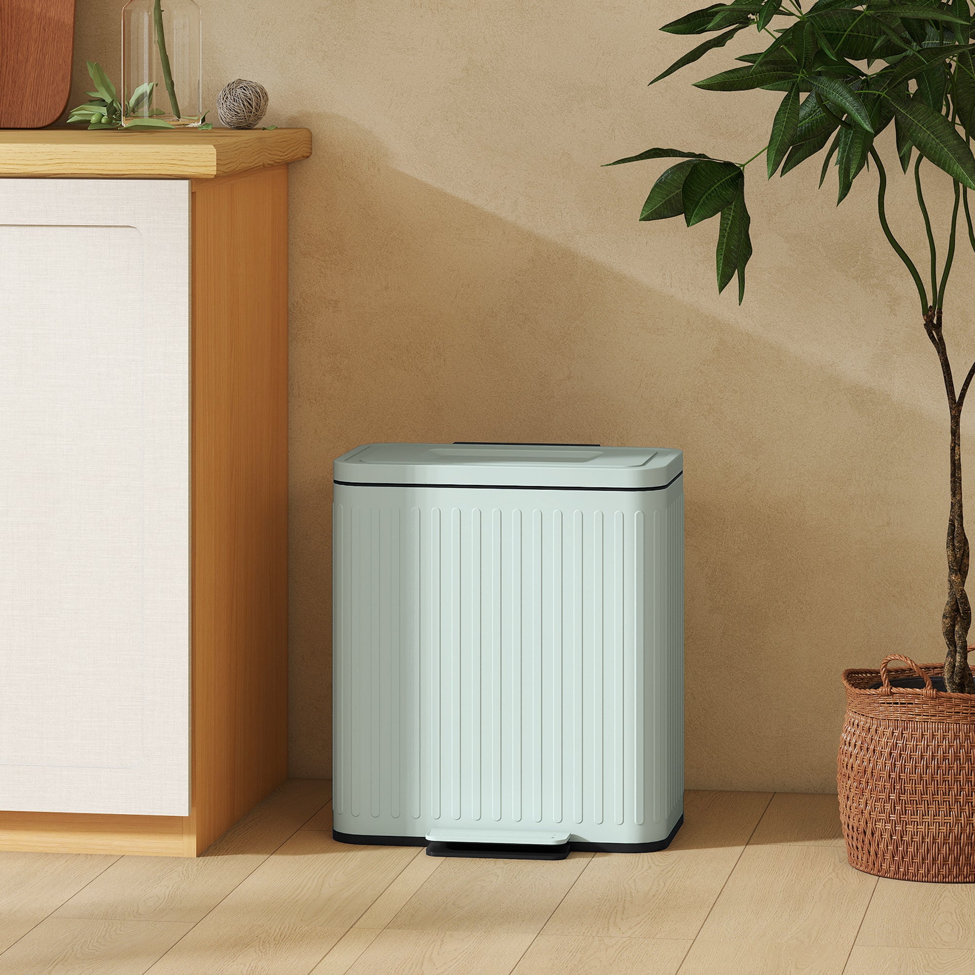 40L Dual-Compartment Pedal Trash Can — 2 x 20L Recycling System, Soft-Close Lid, Stay-Open Function, Removable Inner Buckets — Green