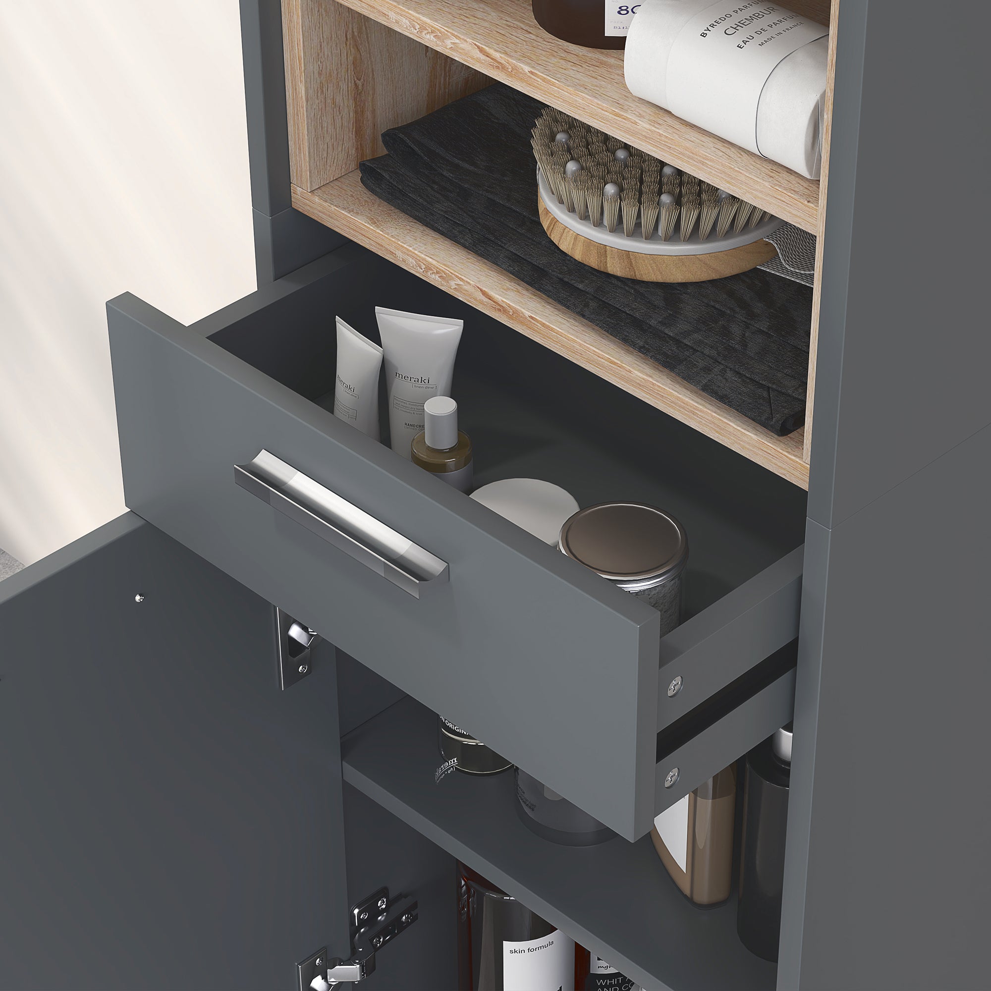 Bathroom Cabinet, Bathroom Storage with 2 Cabinets, Drawer and 2 Open Shelves, Tall Cabinet for Living Room, Kitchen - 40 x 24 x 160 cm, Gray