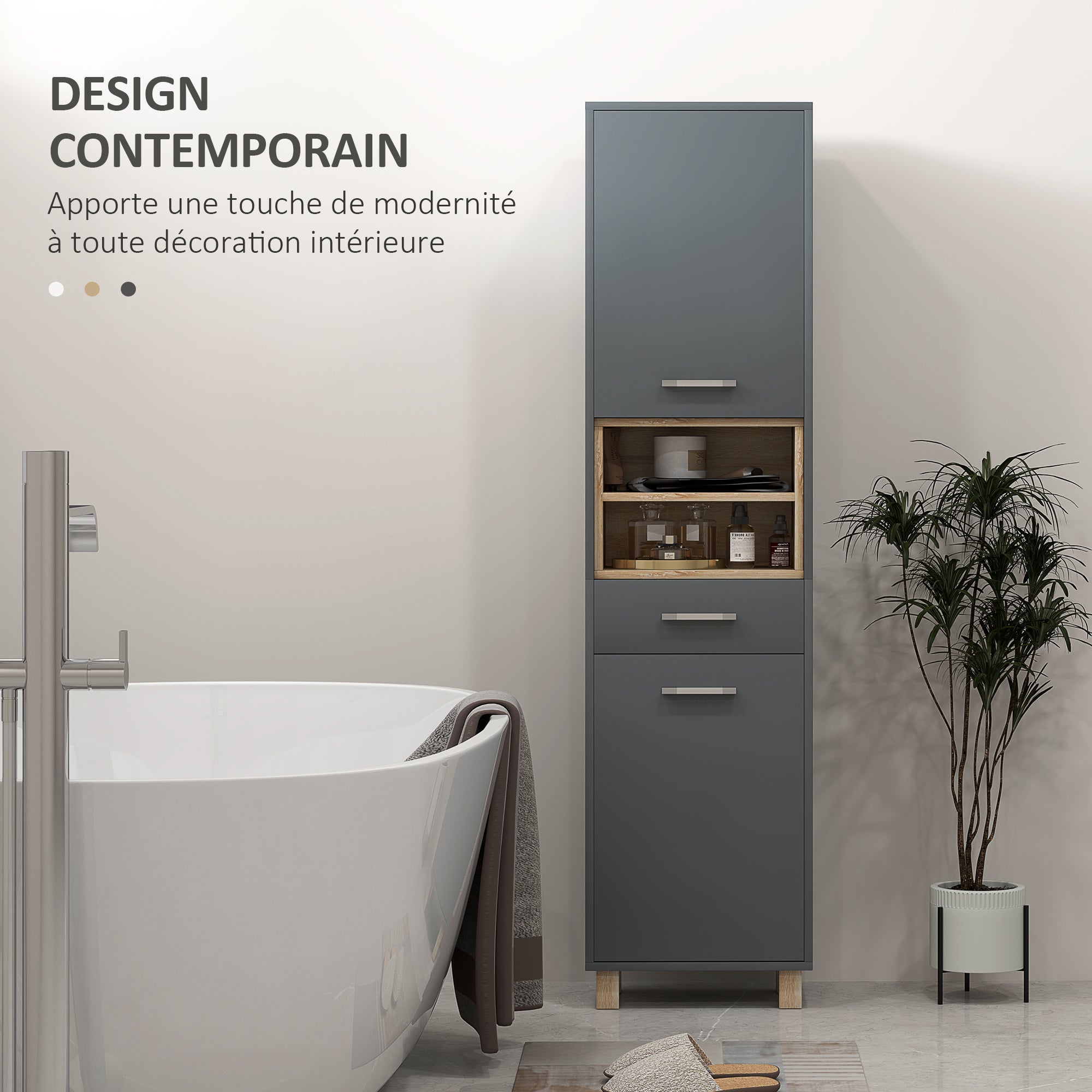 Bathroom Cabinet, Bathroom Storage with 2 Cabinets, Drawer and 2 Open Shelves, Tall Cabinet for Living Room, Kitchen - 40 x 24 x 160 cm, Gray