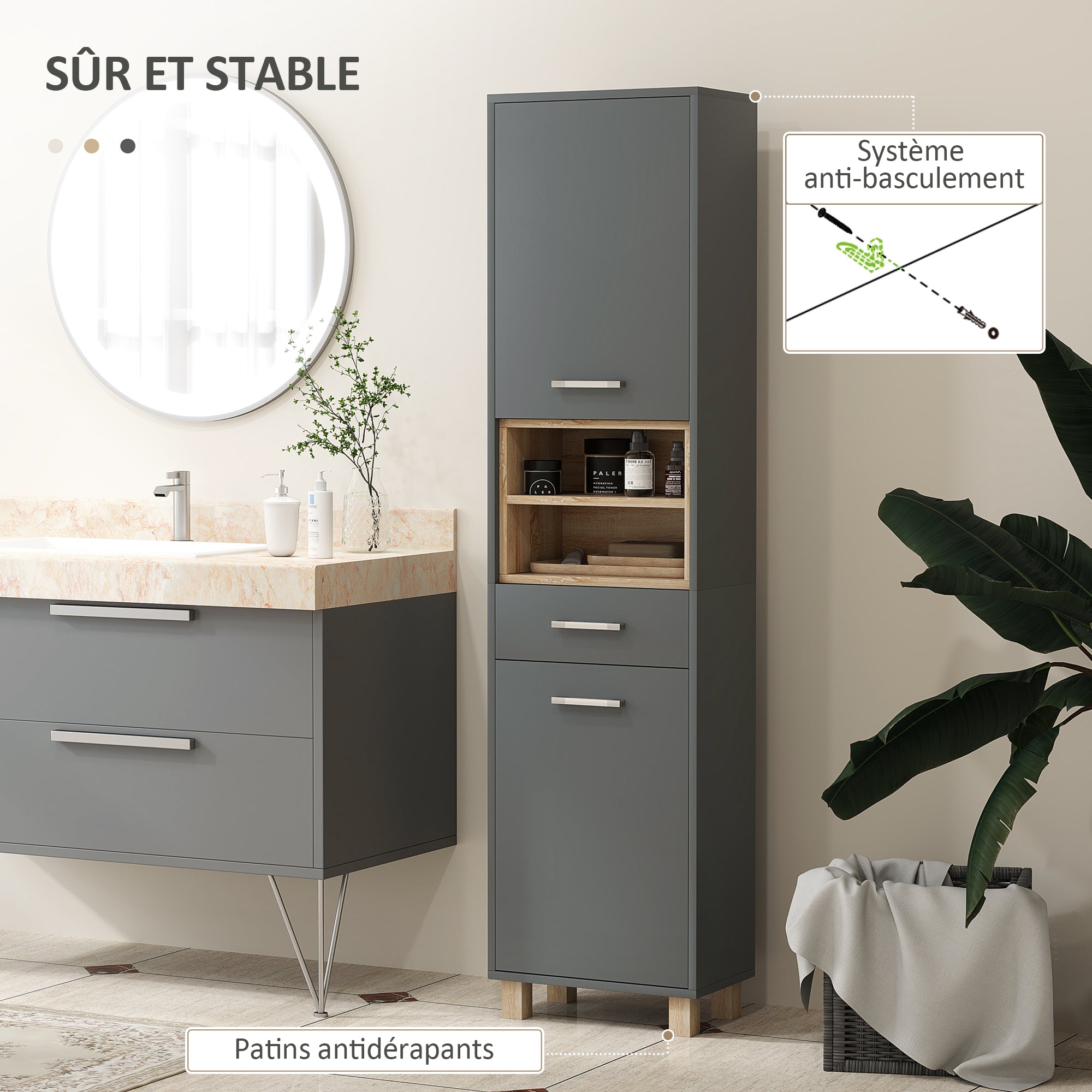 Bathroom Cabinet, Bathroom Storage with 2 Cabinets, Drawer and 2 Open Shelves, Tall Cabinet for Living Room, Kitchen - 40 x 24 x 160 cm, Gray