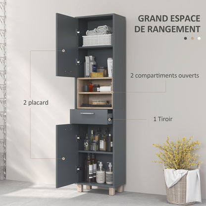 Bathroom Cabinet, Bathroom Storage with 2 Cabinets, Drawer and 2 Open Shelves, Tall Cabinet for Living Room, Kitchen - 40 x 24 x 160 cm, Gray