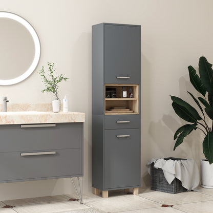Bathroom Cabinet, Bathroom Storage with 2 Cabinets, Drawer and 2 Open Shelves, Tall Cabinet for Living Room, Kitchen - 40 x 24 x 160 cm, Gray