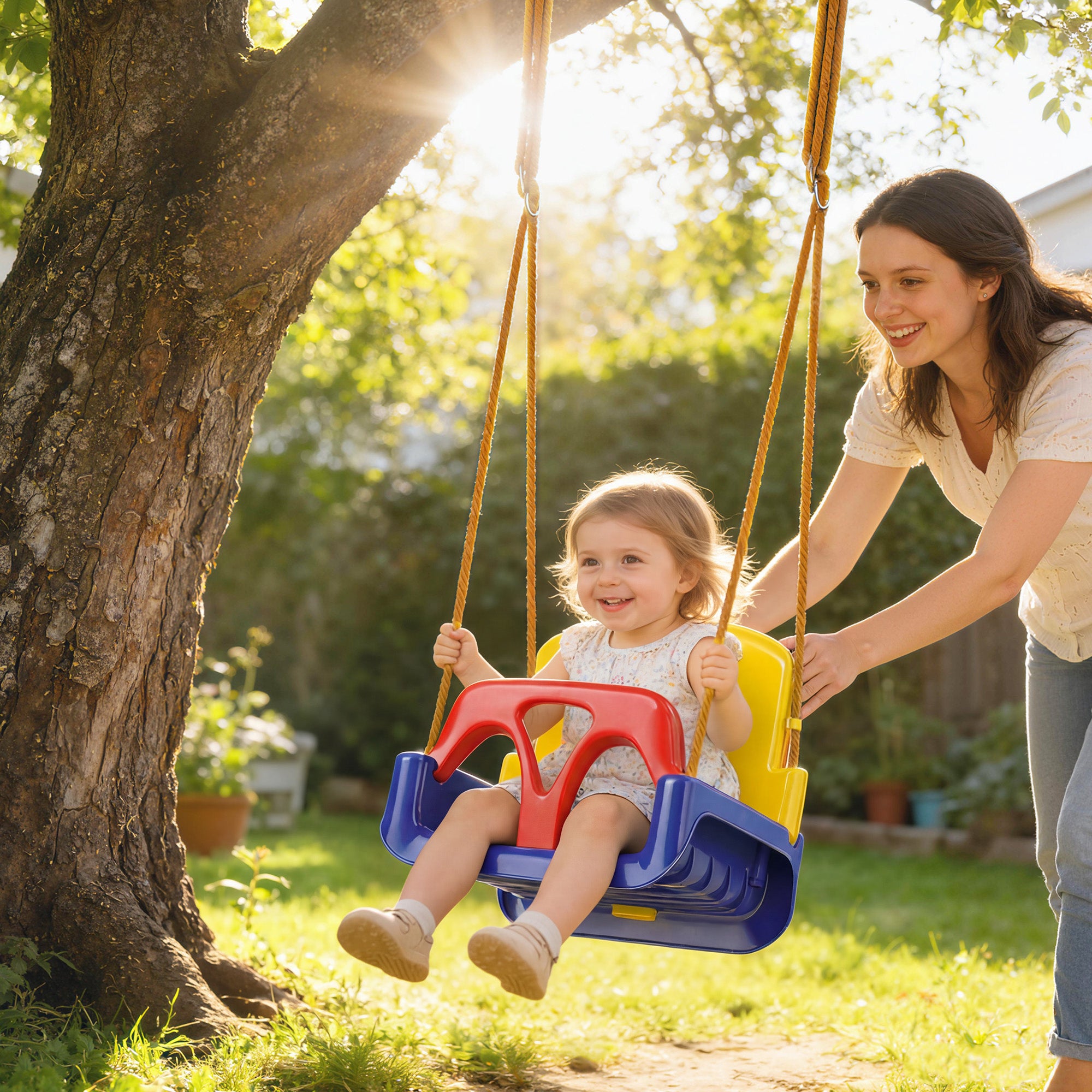 3-in-1 Infant Swing, Adjustable Rope, Removable Back, T‑Bar, Safety Harness, Indoor/Outdoor, Dark Blue