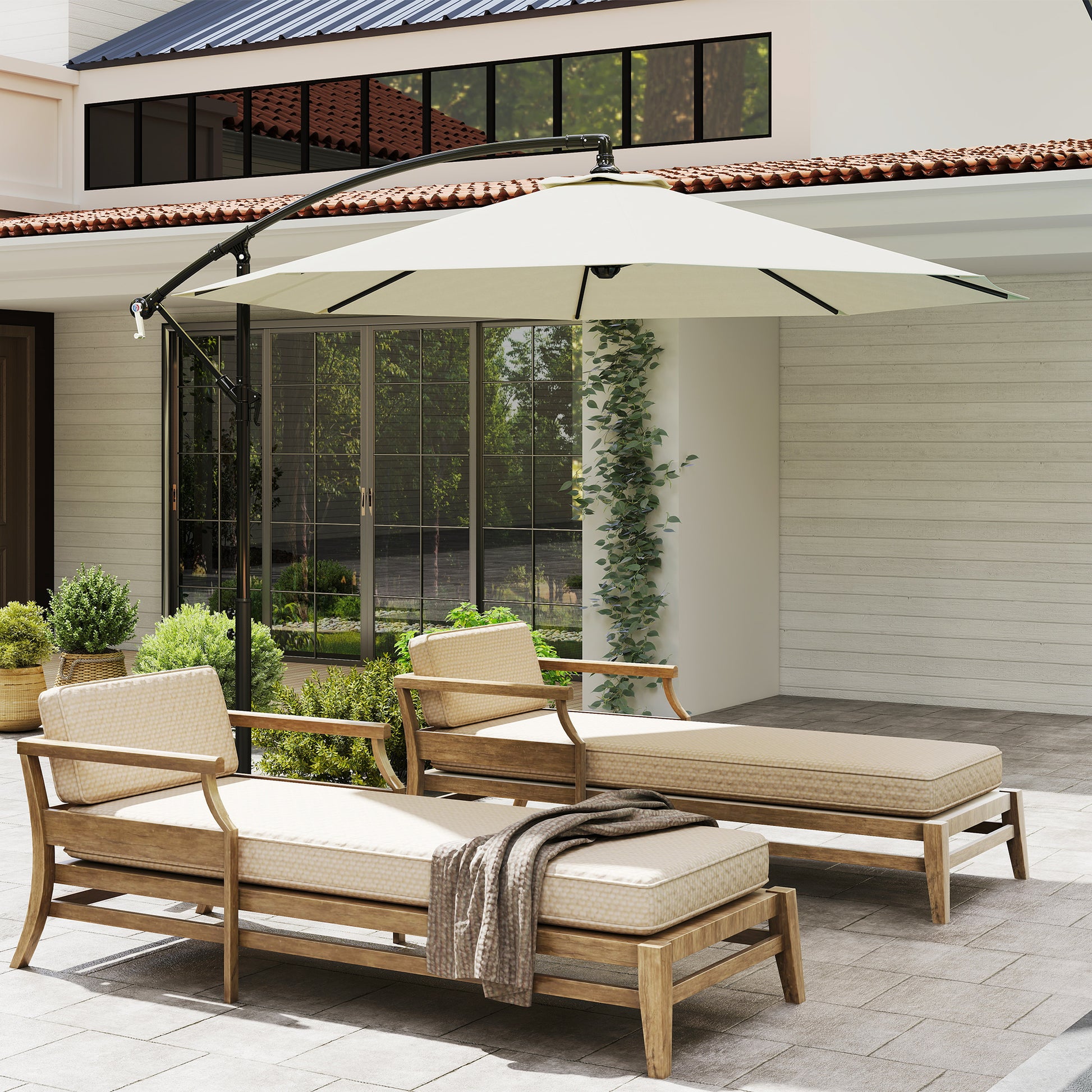 Garden Umbrella Ø300x250 cm Offset Tilted Parasol with Crank Cross Base and 8 Metal Rods for Outdoor Terrace Balcony Beige