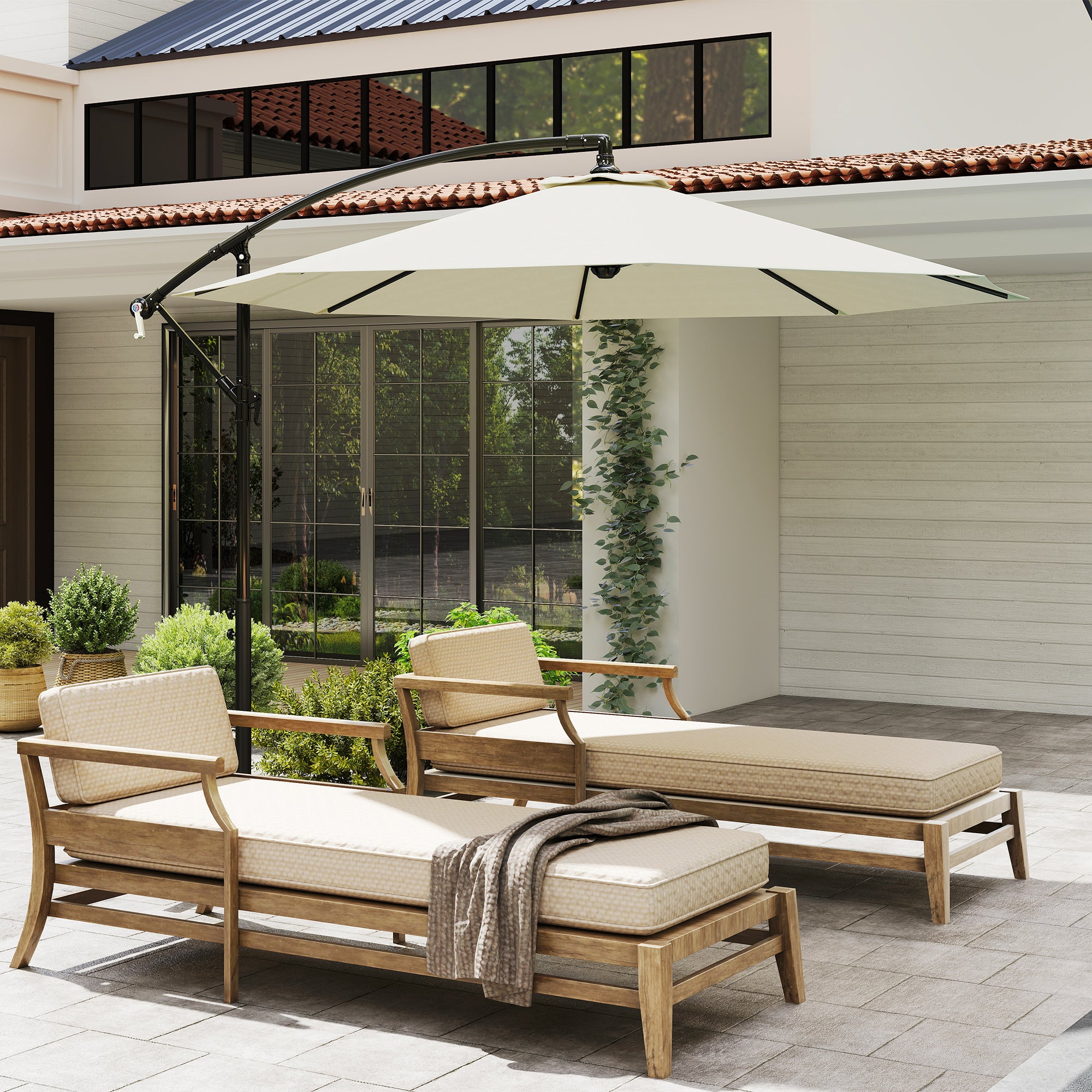 Garden Umbrella Ø300x250 cm Offset Tilted Parasol with Crank Cross Base and 8 Metal Rods for Outdoor Terrace Balcony Beige