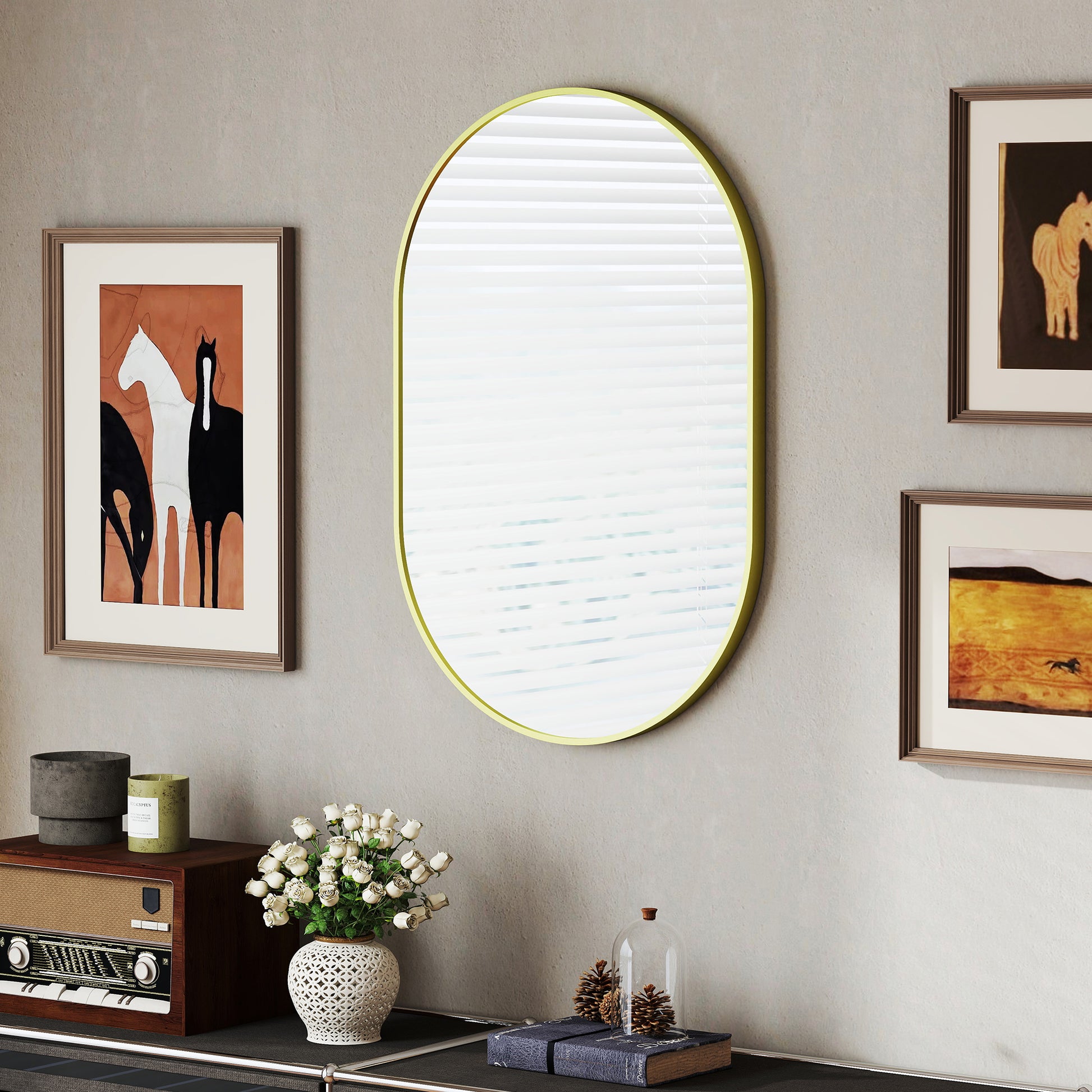 Oval Bathroom Mirror 60x90 cm with Aluminum Frame Decorative Wall Mirror Horizontal or Vertical for Living Room Entryway Hallway Gold