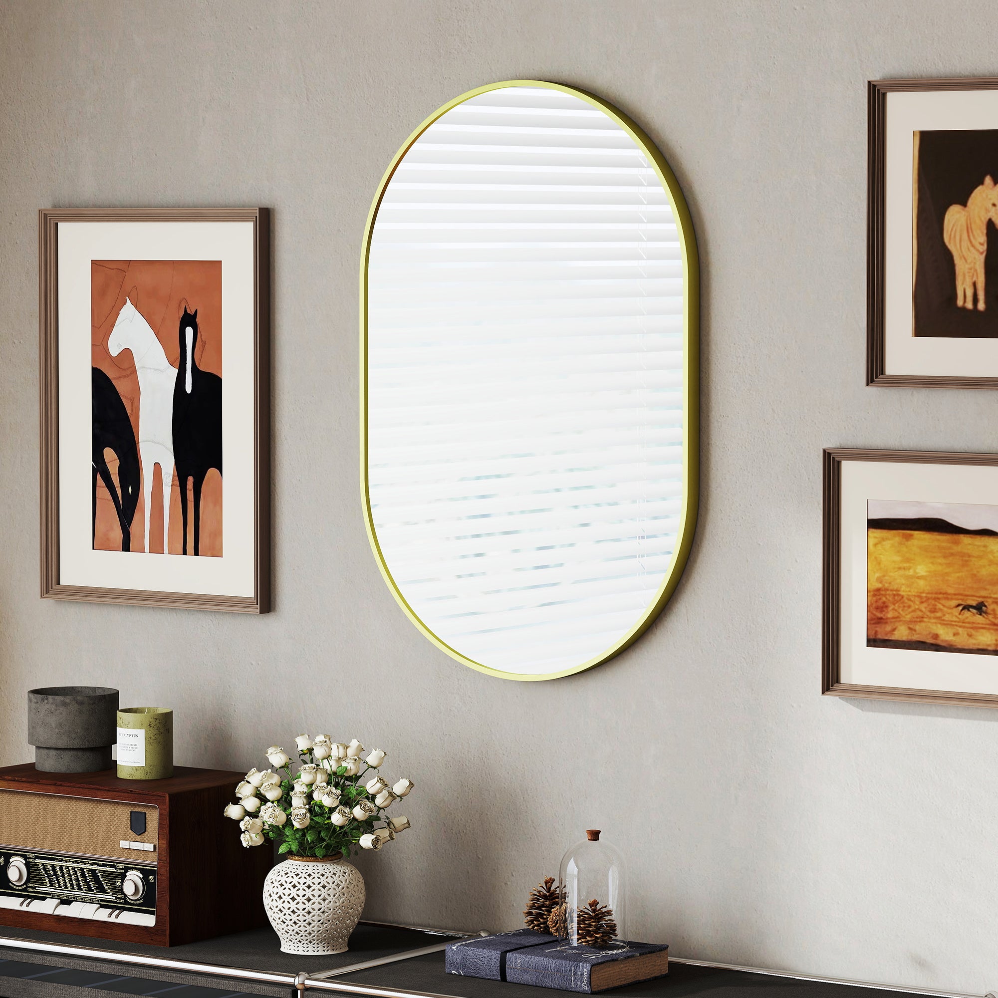 Oval Bathroom Mirror 60x90 cm with Aluminum Frame Decorative Wall Mirror Horizontal or Vertical for Living Room Entryway Hallway Gold