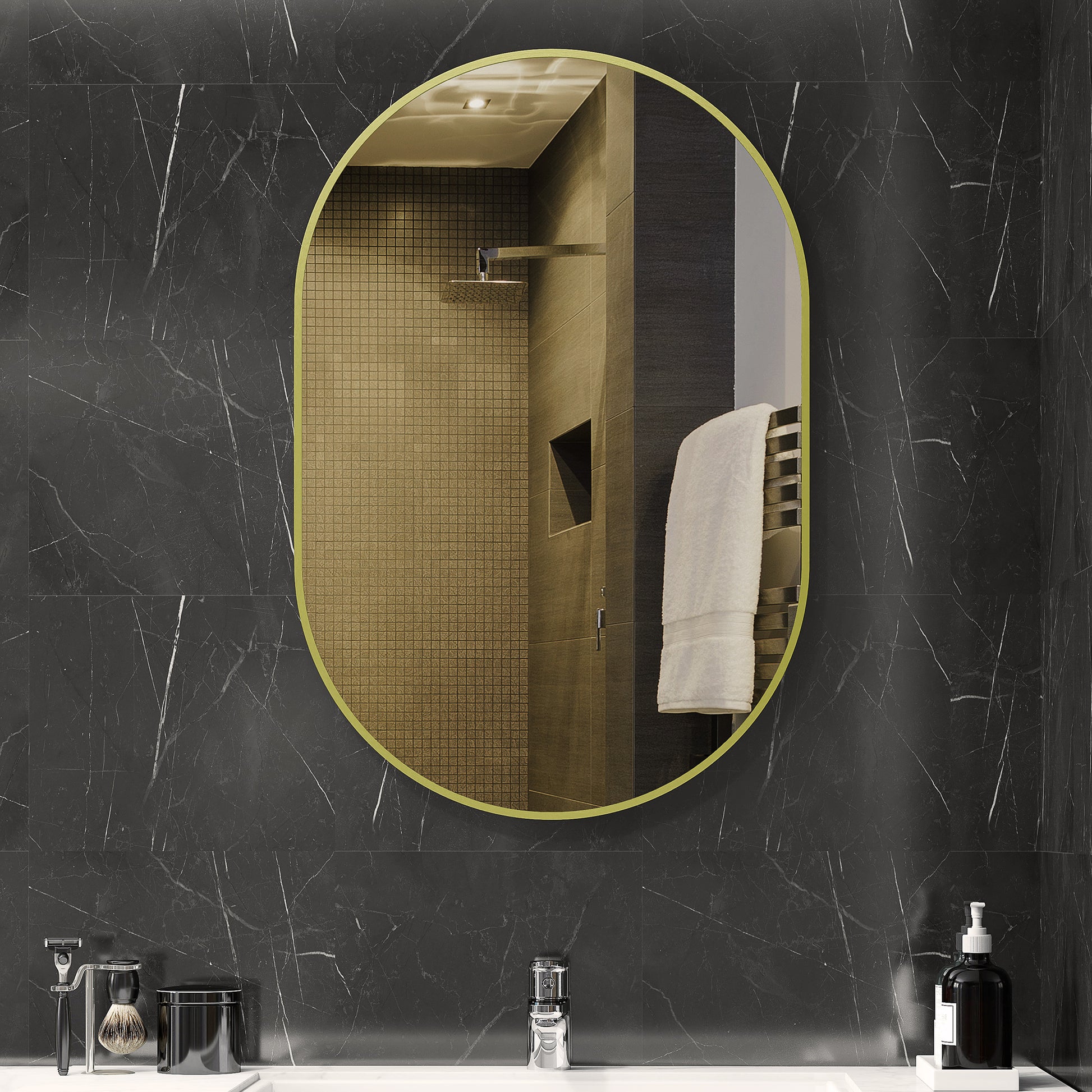 Oval Bathroom Mirror 60x90 cm with Aluminum Frame Decorative Wall Mirror Horizontal or Vertical for Living Room Entryway Hallway Gold