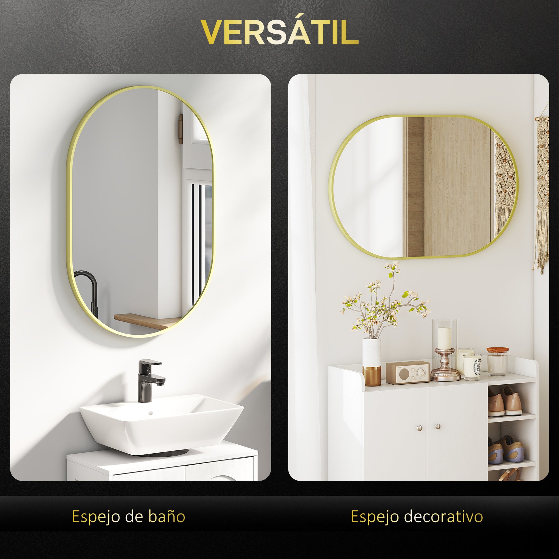 Oval Bathroom Mirror 60x90 cm with Aluminum Frame Decorative Wall Mirror Horizontal or Vertical for Living Room Entryway Hallway Gold