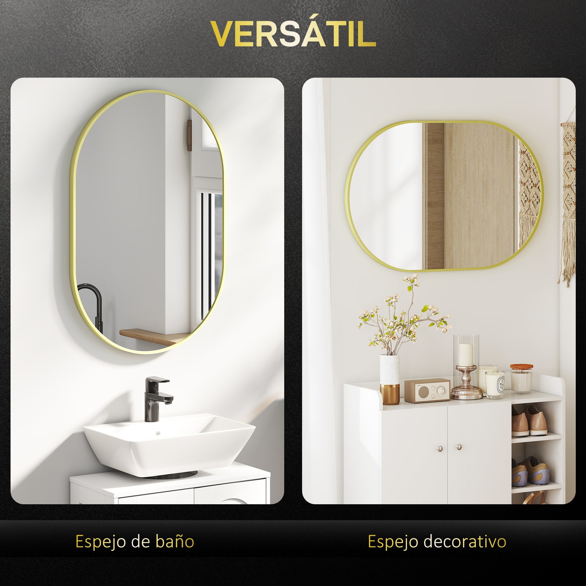 Oval Bathroom Mirror 60x90 cm with Aluminum Frame Decorative Wall Mirror Horizontal or Vertical for Living Room Entryway Hallway Gold