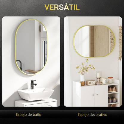 Oval Bathroom Mirror 60x90 cm with Aluminum Frame Decorative Wall Mirror Horizontal or Vertical for Living Room Entryway Hallway Gold