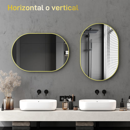 Oval Bathroom Mirror 60x90 cm with Aluminum Frame Decorative Wall Mirror Horizontal or Vertical for Living Room Entryway Hallway Gold