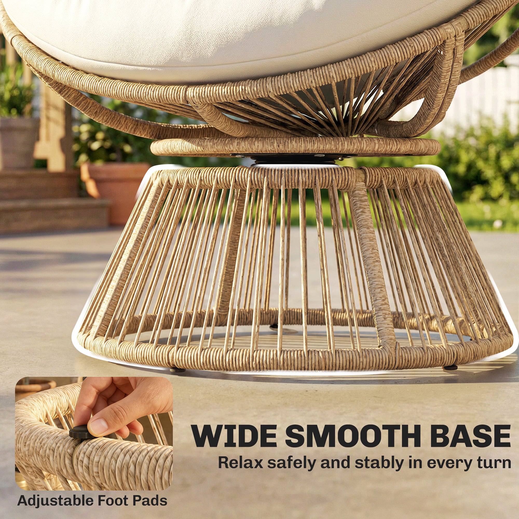 360° Swivel Papasan Chair with Cushion, Round PE Rattan Lounger on Steel Frame — Cream White