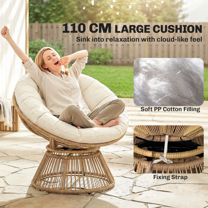 360° Swivel Papasan Chair with Cushion, Round PE Rattan Lounger on Steel Frame — Cream White