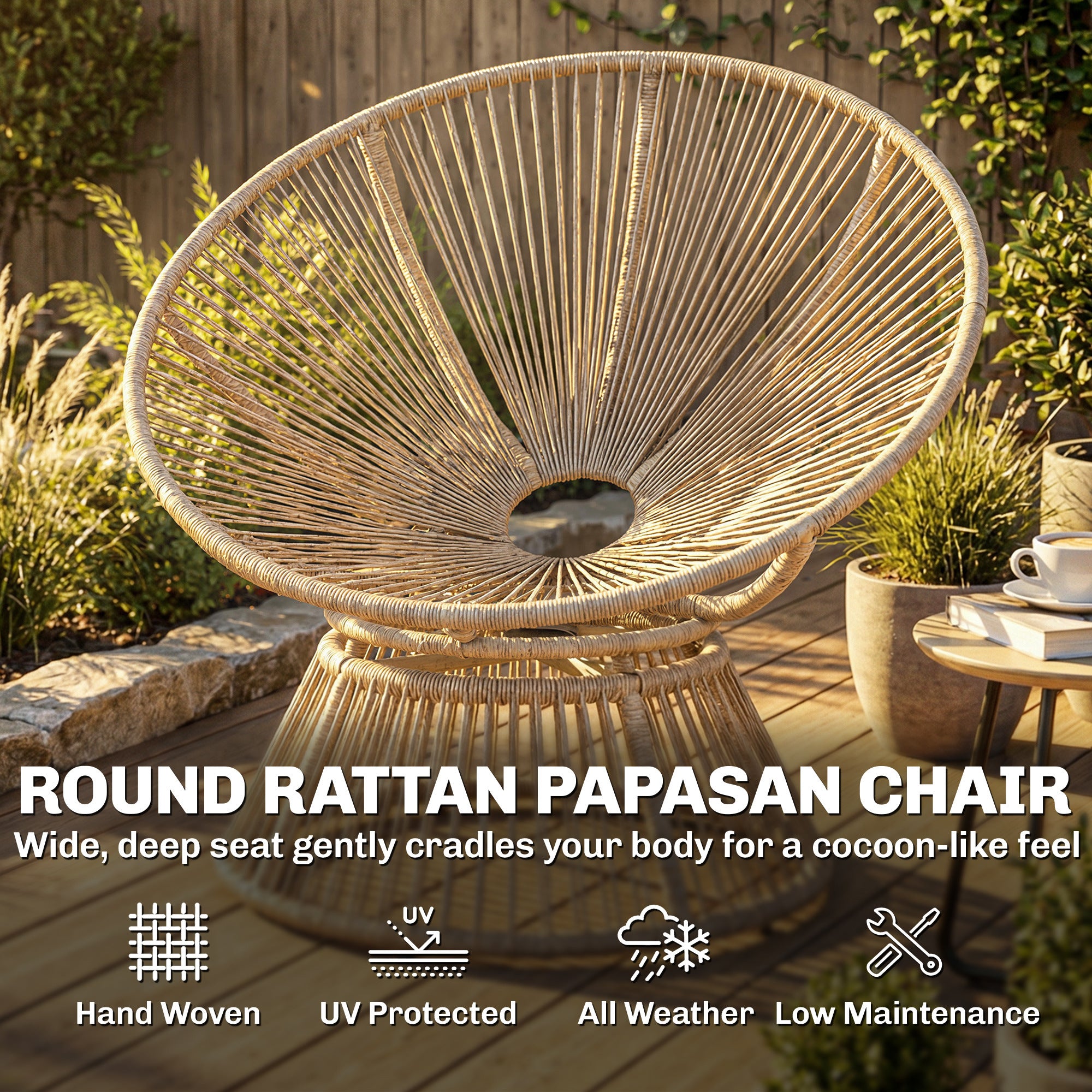 360° Swivel Papasan Chair with Cushion, Round PE Rattan Lounger on Steel Frame — Cream White