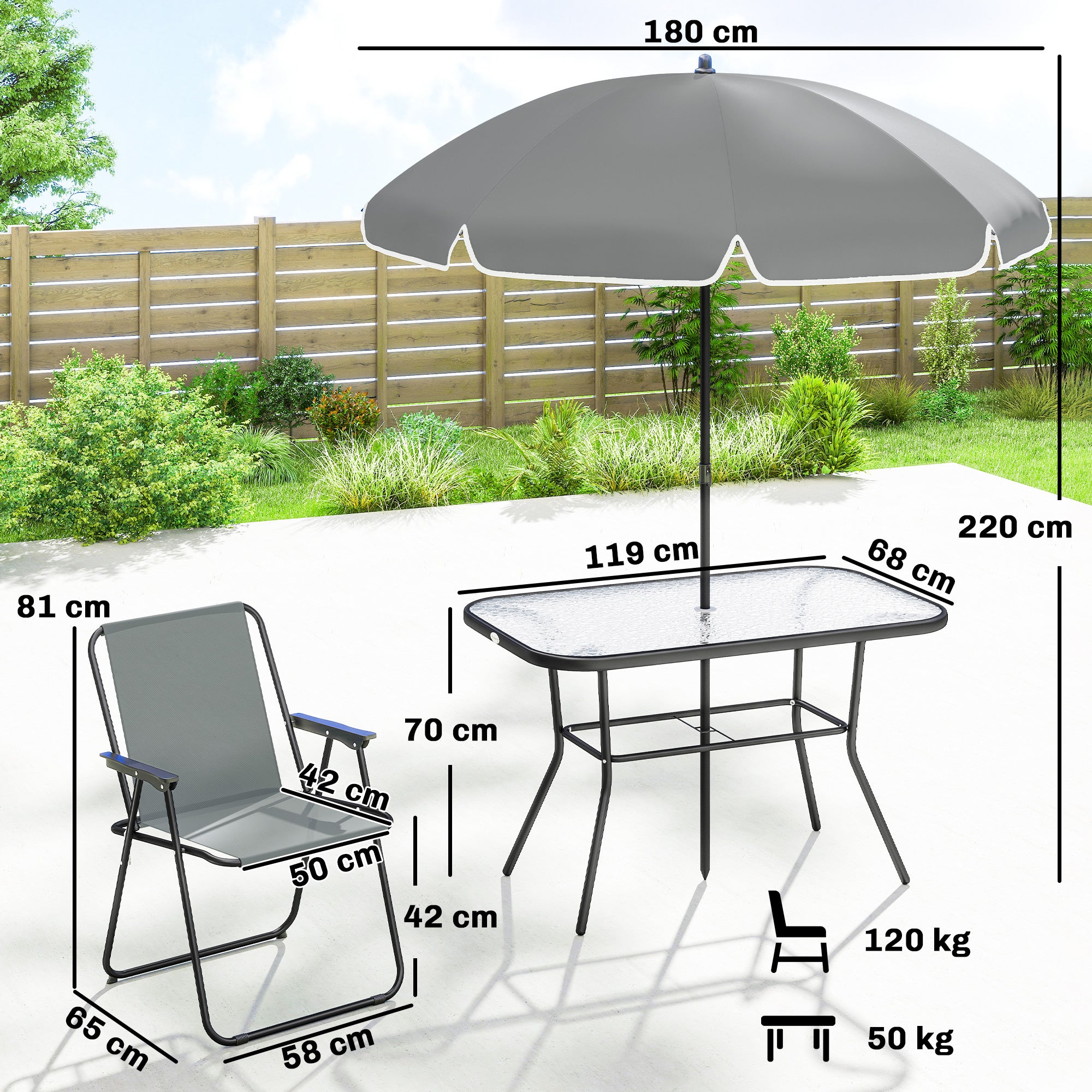 8-Piece Outdoor Patio Set — Table with Tempered Glass Top, 6 Folding Chairs & Parasol, Rust-Resistant Steel Frame, Grey