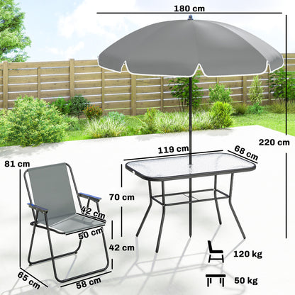 8-Piece Outdoor Patio Set — Table with Tempered Glass Top, 6 Folding Chairs & Parasol, Rust-Resistant Steel Frame, Grey
