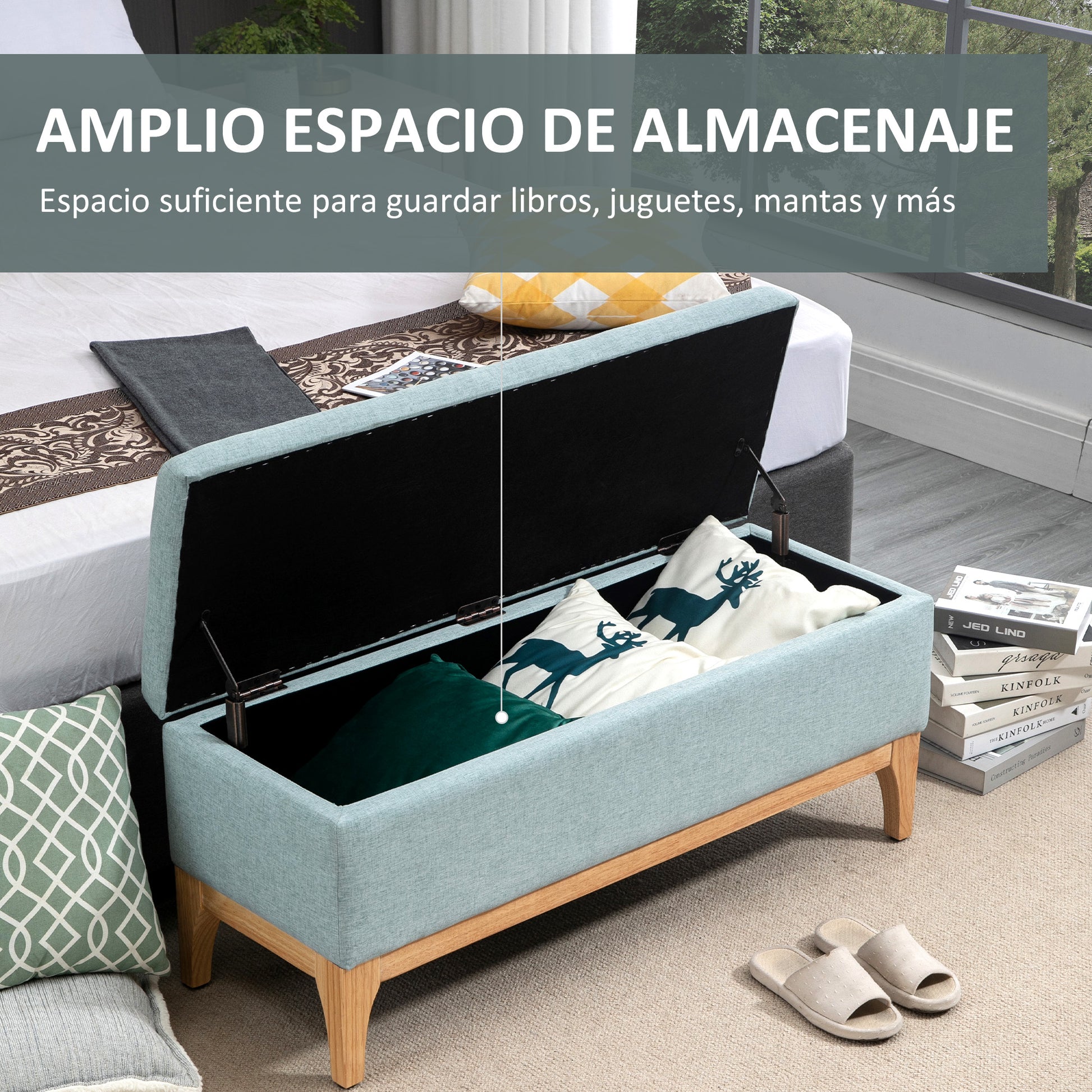 Storage Ottoman for Bedroom 72L Upholstered Linen Storage Bench with Wooden Legs and Adjustable Pads for Entryway Living Room 110x39x45 cm Light Green