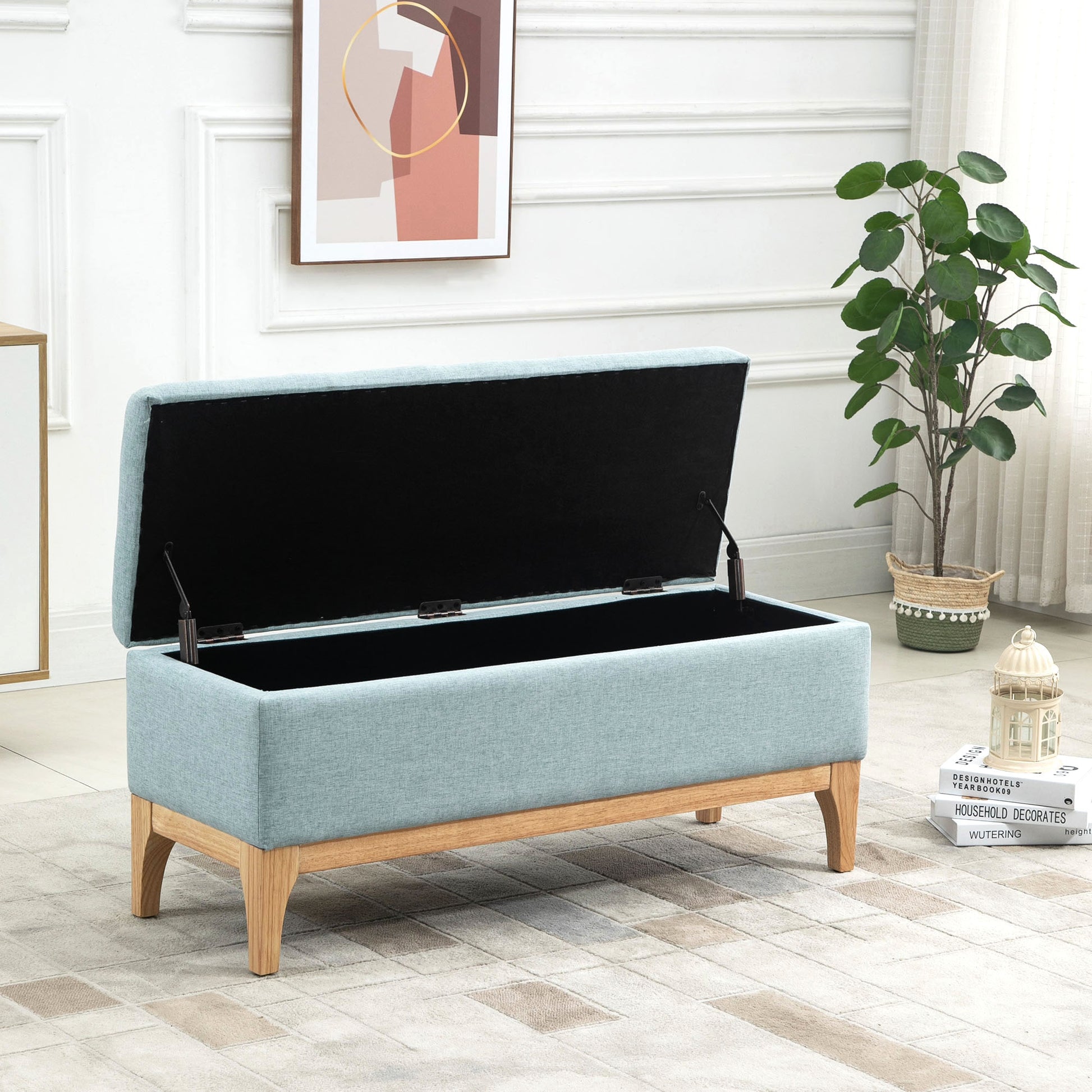 Storage Ottoman for Bedroom 72L Upholstered Linen Storage Bench with Wooden Legs and Adjustable Pads for Entryway Living Room 110x39x45 cm Light Green
