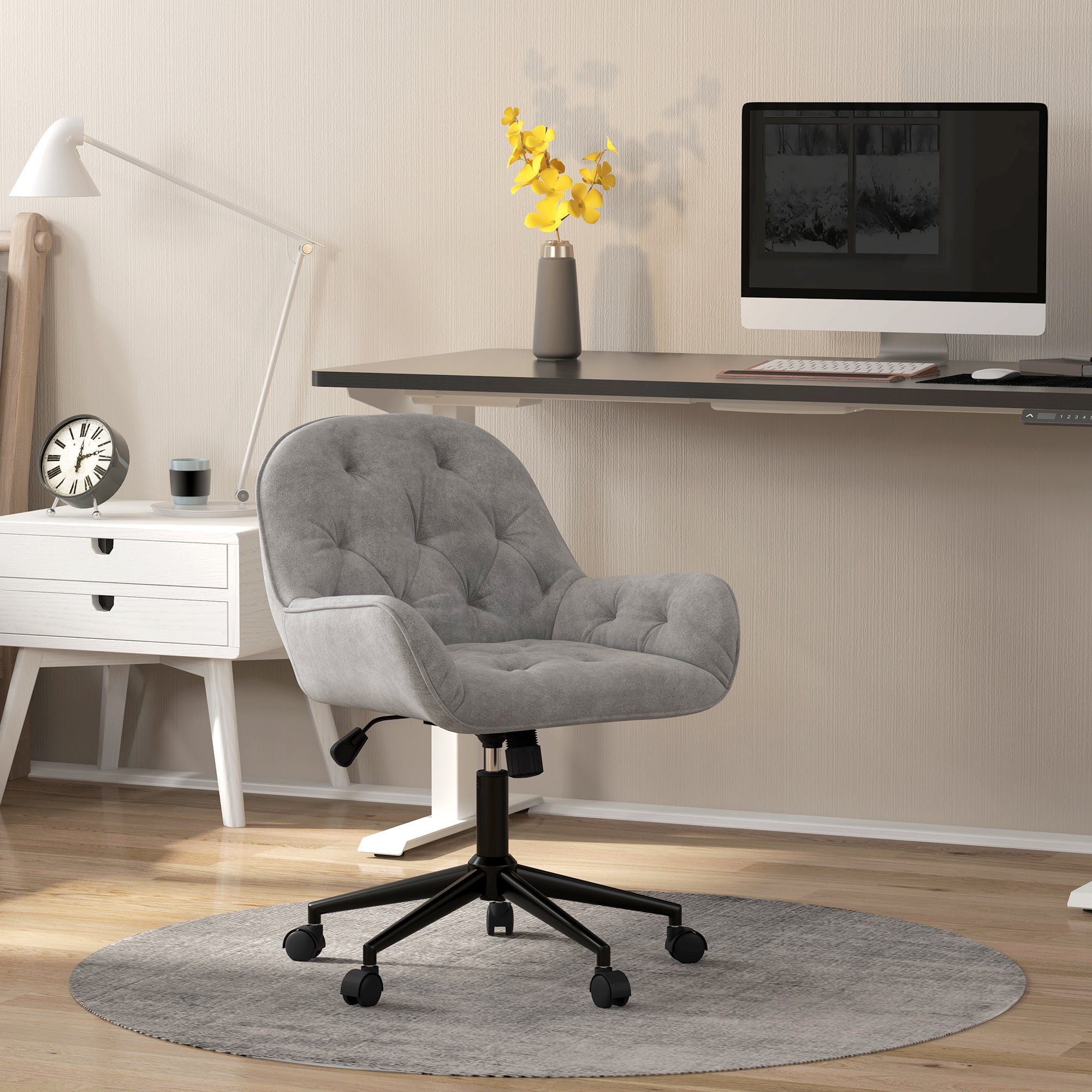 Office Chair, Velvet-like Fabric Desk Chair, 360° Swivel Seat, Height Adjustable, Rounded Back Ergonomic Chair 120 kg Load Capacity for Bedroom, Living Room, Light Gray