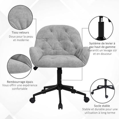 Office Chair, Velvet-like Fabric Desk Chair, 360° Swivel Seat, Height Adjustable, Rounded Back Ergonomic Chair 120 kg Load Capacity for Bedroom, Living Room, Light Gray
