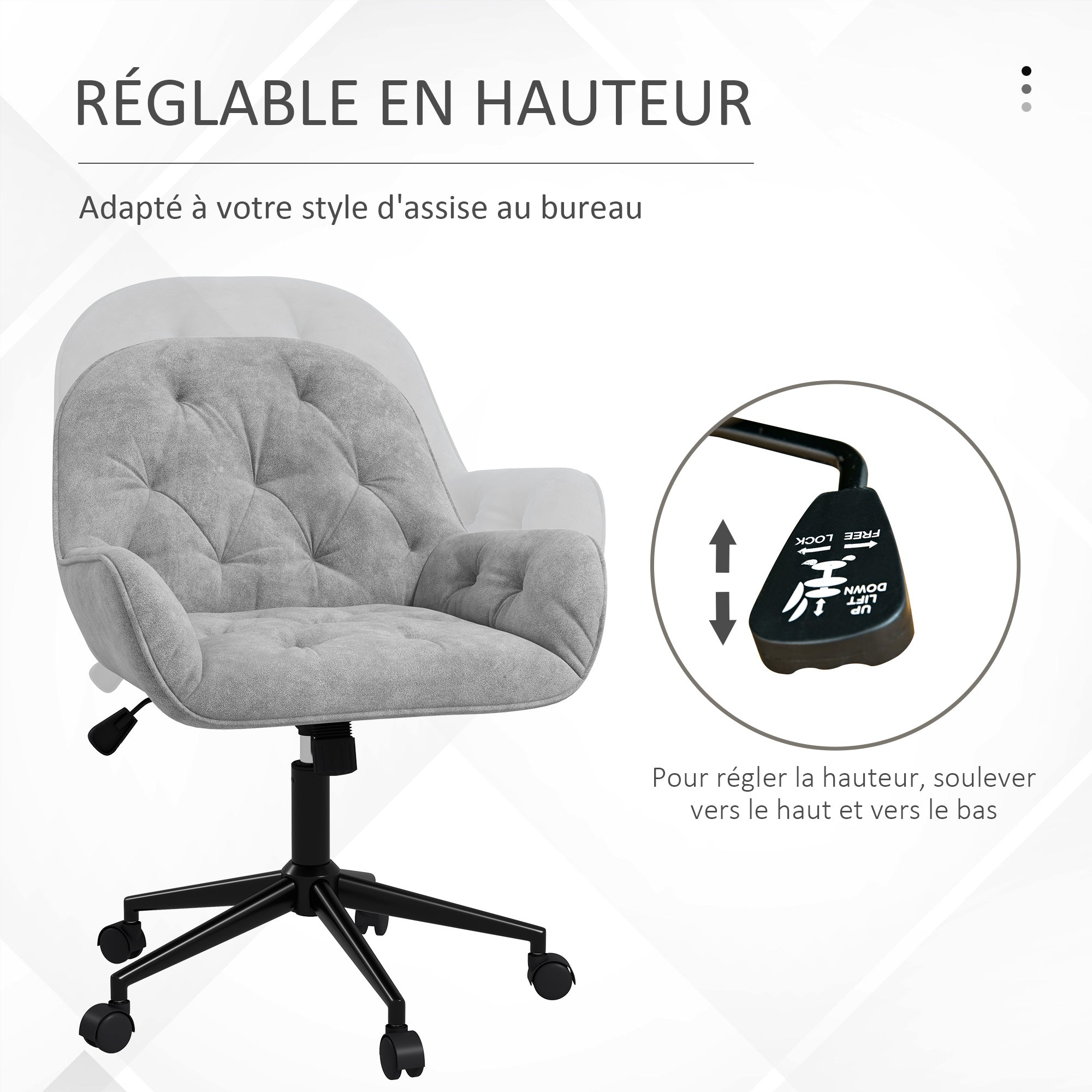 Office Chair, Velvet-like Fabric Desk Chair, 360° Swivel Seat, Height Adjustable, Rounded Back Ergonomic Chair 120 kg Load Capacity for Bedroom, Living Room, Light Gray