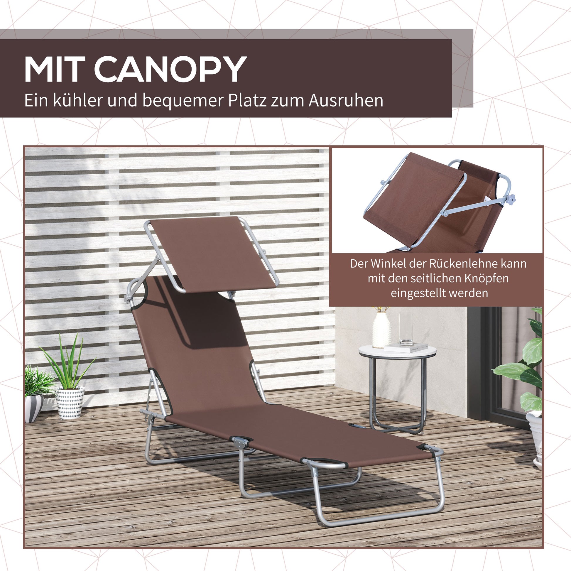 Folding Sun Lounger Garden Sunbed with Sun Protection Reclining Chair with 4-Position Adjustable Backrest Camping Lounger up to 120kg Load Capacity for Garden, Balcony, and Pool, 6 Colors (Brown)