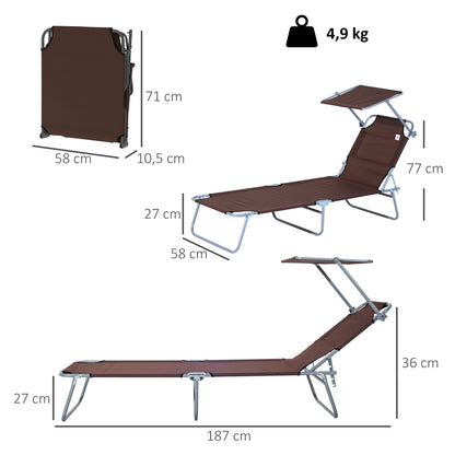 Folding Sun Lounger Garden Sunbed with Sun Protection Reclining Chair with 4-Position Adjustable Backrest Camping Lounger up to 120kg Load Capacity for Garden, Balcony, and Pool, 6 Colors (Brown)