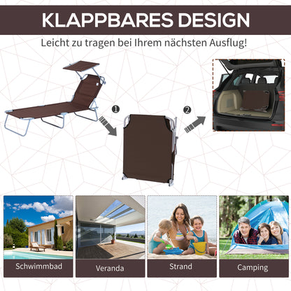 Folding Sun Lounger Garden Sunbed with Sun Protection Reclining Chair with 4-Position Adjustable Backrest Camping Lounger up to 120kg Load Capacity for Garden, Balcony, and Pool, 6 Colors (Brown)