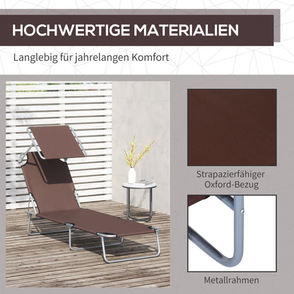 Folding Sun Lounger Garden Sunbed with Sun Protection Reclining Chair with 4-Position Adjustable Backrest Camping Lounger up to 120kg Load Capacity for Garden, Balcony, and Pool, 6 Colors (Brown)