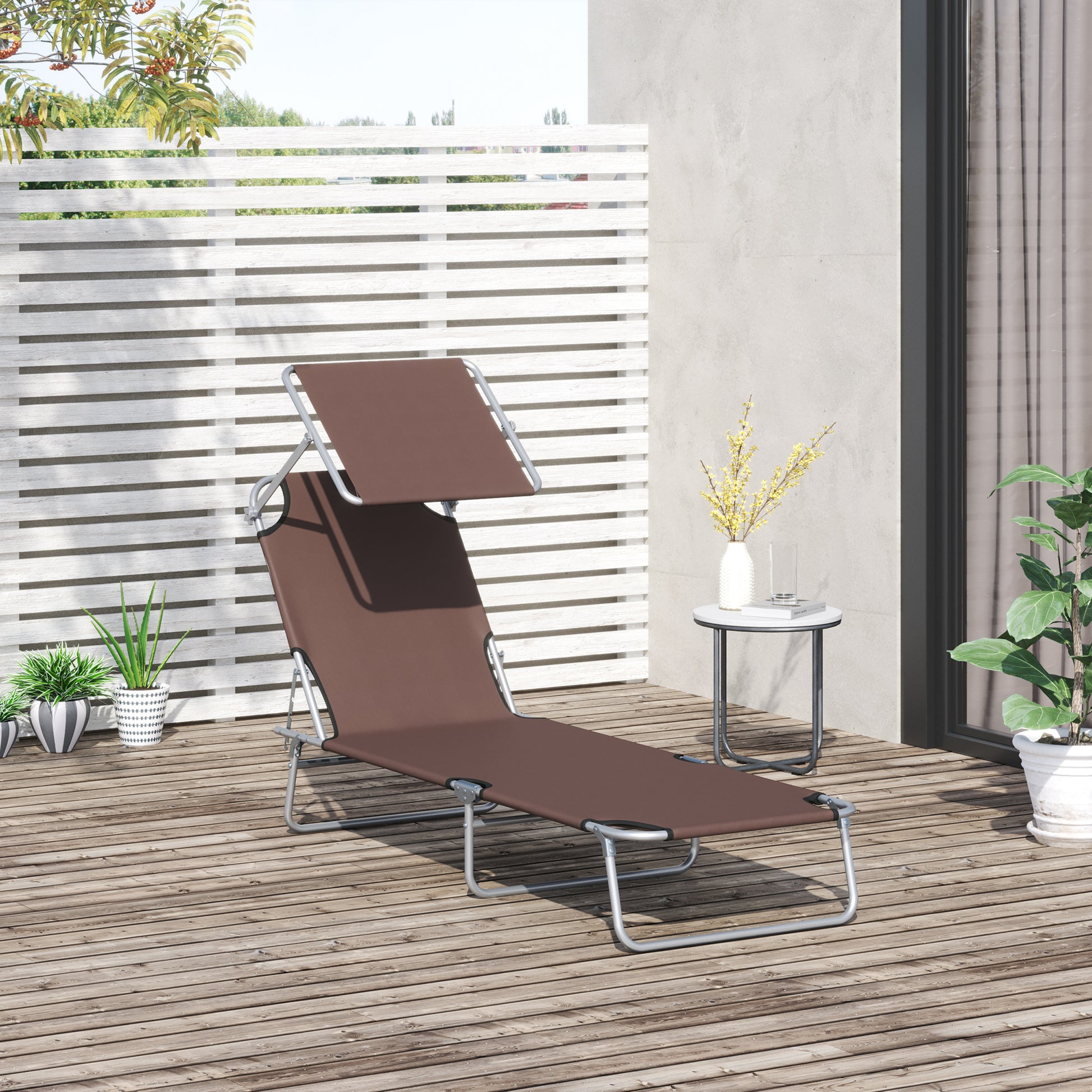 Folding Sun Lounger Garden Sunbed with Sun Protection Reclining Chair with 4-Position Adjustable Backrest Camping Lounger up to 120kg Load Capacity for Garden, Balcony, and Pool, 6 Colors (Brown)