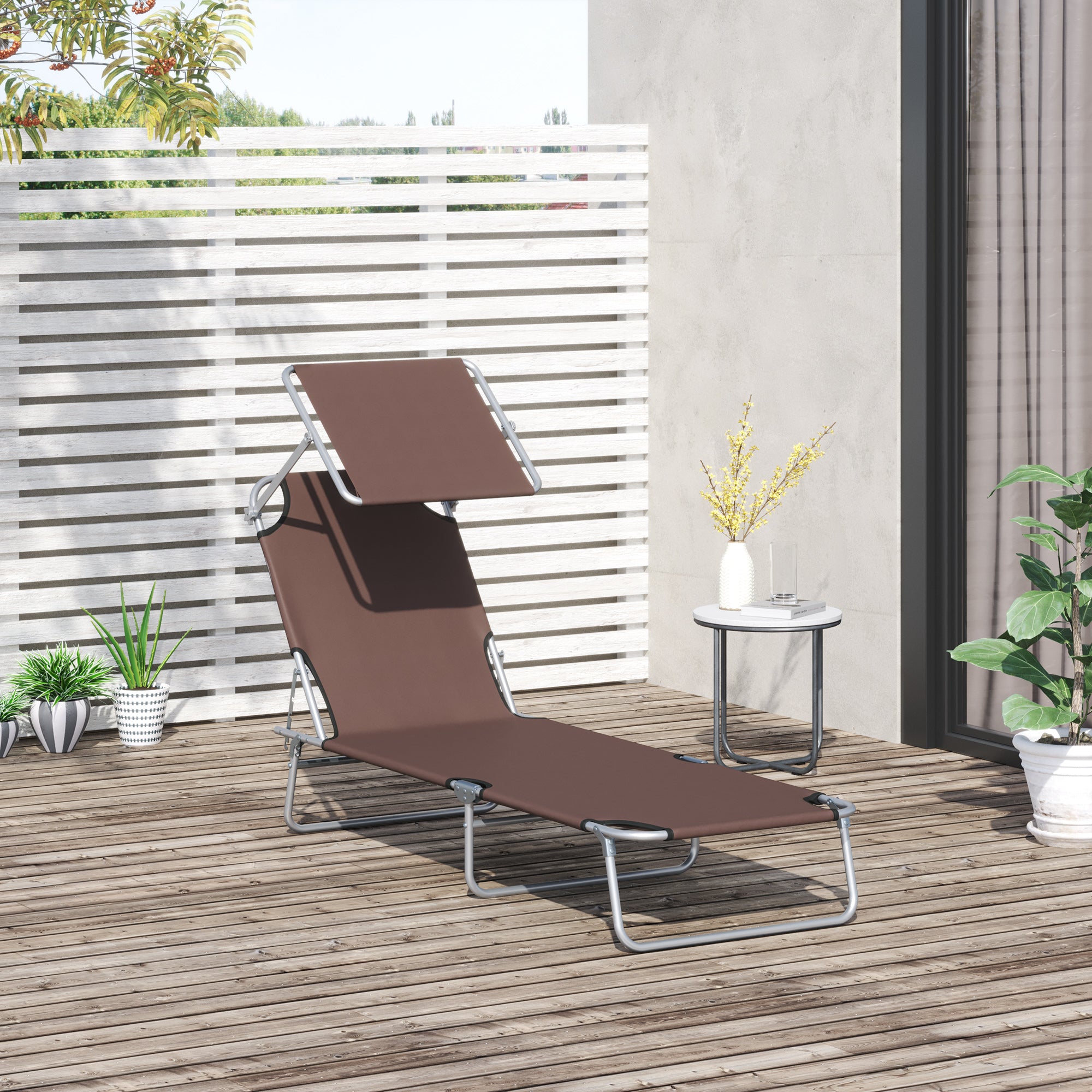 Folding Sun Lounger Garden Sunbed with Sun Protection Reclining Chair with 4-Position Adjustable Backrest Camping Lounger up to 120kg Load Capacity for Garden, Balcony, and Pool, 6 Colors (Brown)