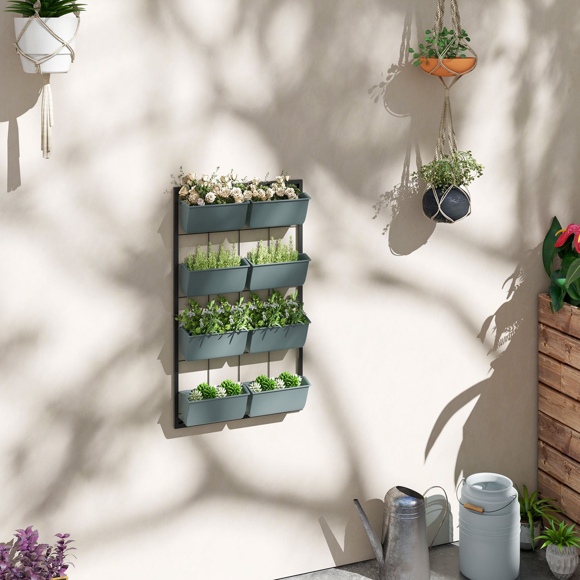 Flower Stand, Plant Stand with 8 Pots, Plant Shelf, Wall Mounted Plant Stand, Flower Shelf for Garden, Dark Green, 52.5 x 14 x 90 cm