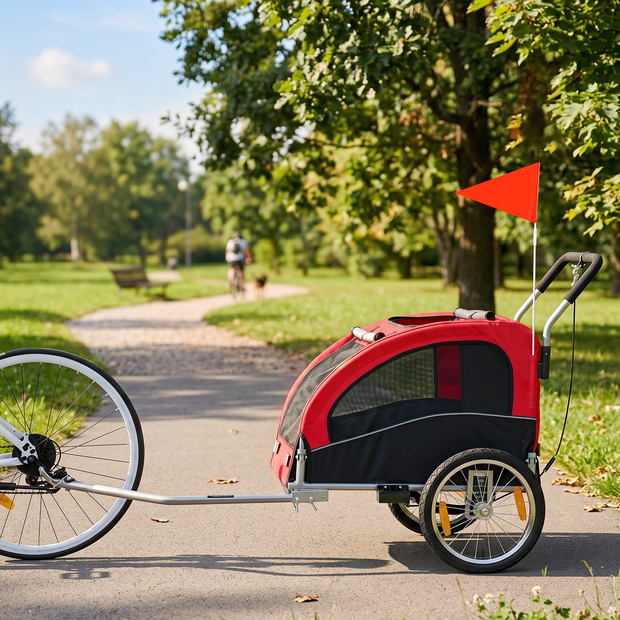2-in-1 Dog Bike Trailer & Stroller for Medium Dogs with Suspension, Quick-Release Wheels, Reflectors, Large Mesh Windows, Hand Brake, Safety Flag — Red