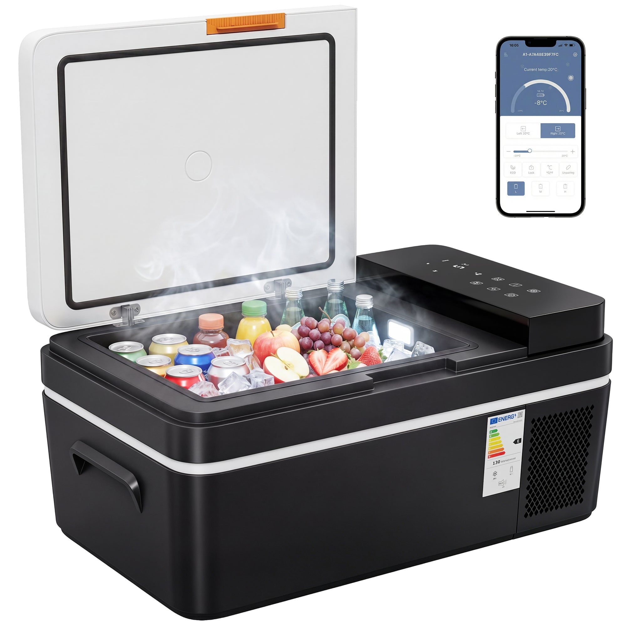 Compressor Cooler 20L -4°F to 68°F Portable Electric Fridge with App Control, LED Light, USB, Battery Protection, 12/24V DC & 100–240V AC for Car & Truck