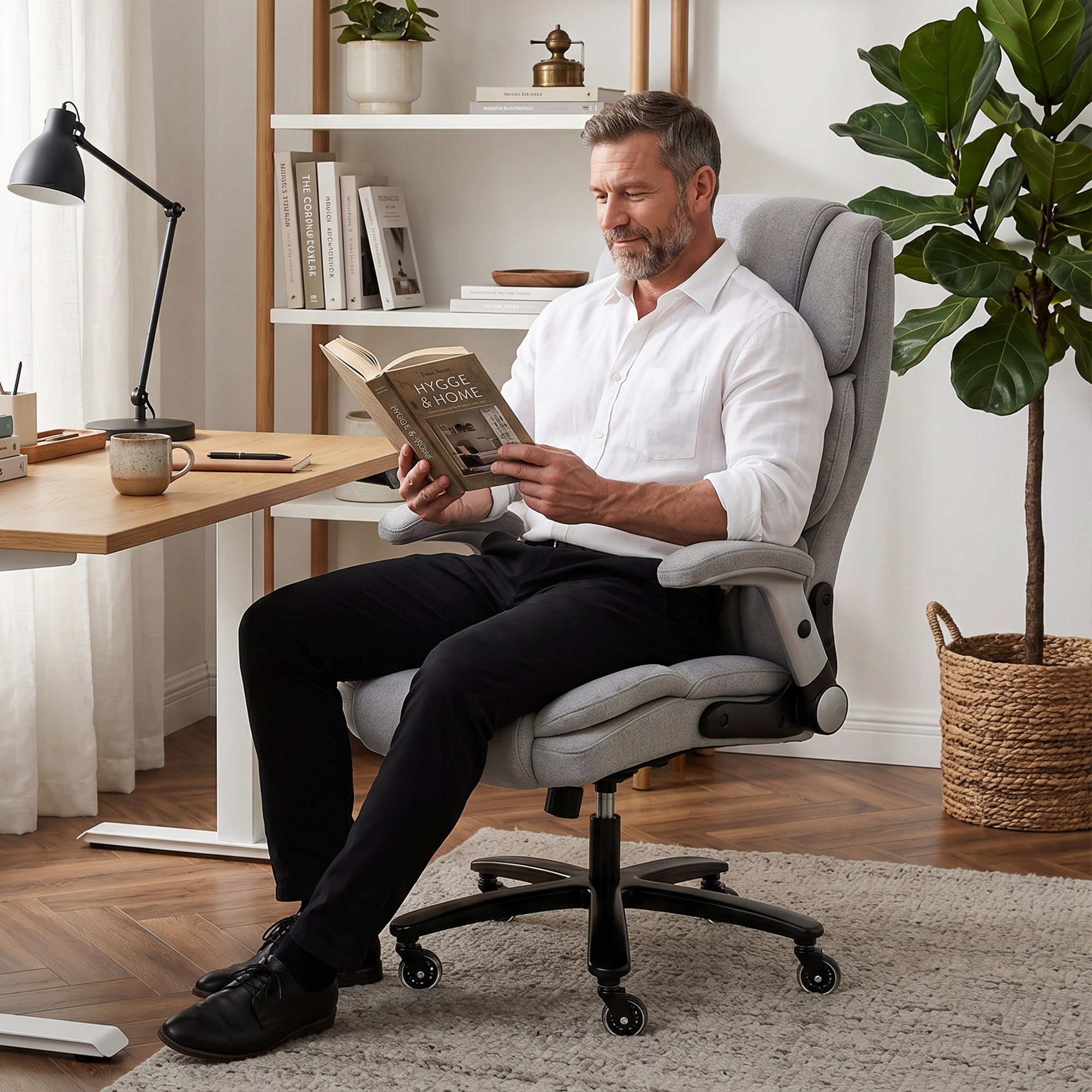 Office Chair — 397 lb Capacity, Inflatable Lumbar Support, Extra-Wide Executive Seat, Flip-Up Arms, Pocket Springs, Class-4 Gas Lift, Light Gray