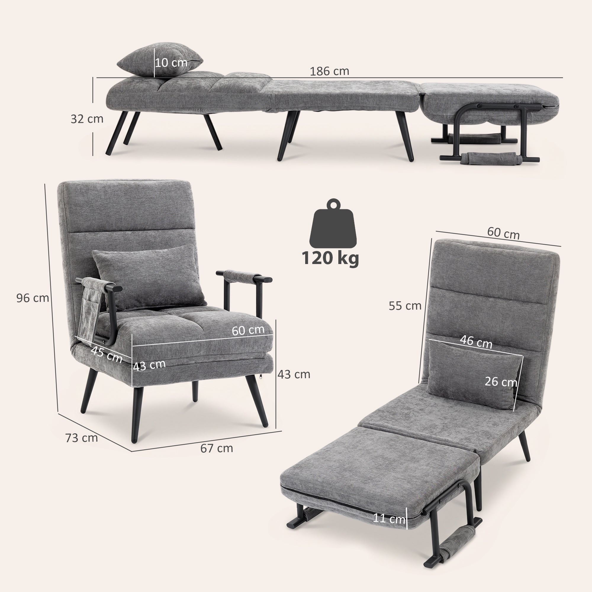 Sleeper Chair — 3-in-1 Foldable Chenille Chair with Click-Clack Backrest, Metal Frame & Pillow, Gray