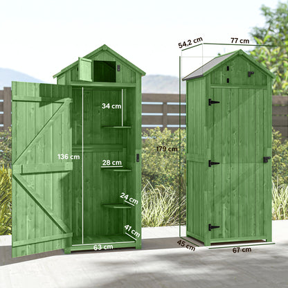 Wooden Garden Storage Shed with 3 Removable Shelves, Lockable Door, Asphalt Gable Roof & Window – 77 x 54.2 x 179 cm (Green)