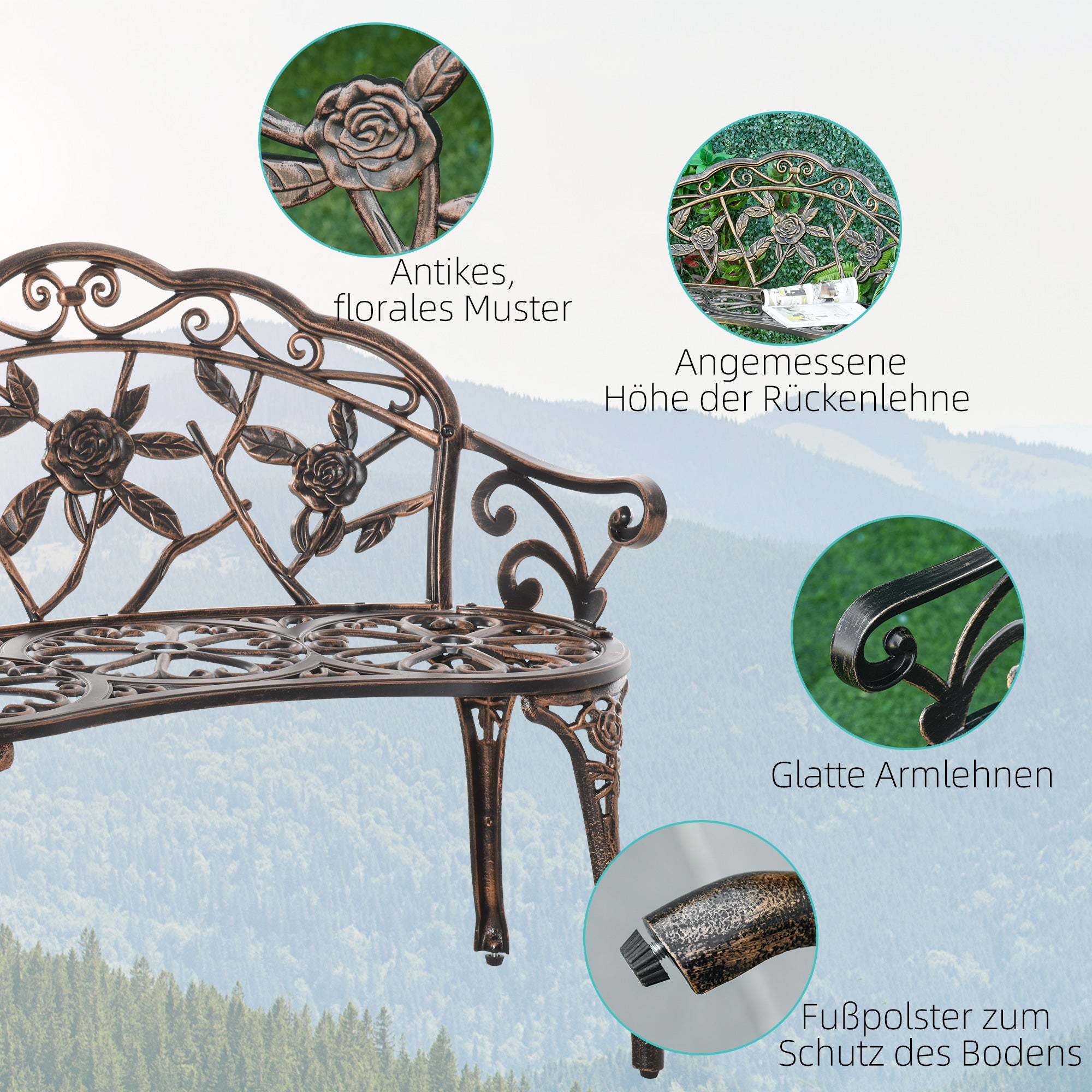 2-Seat Metal Garden Bench, Vintage Floral Park Bench, Bronze