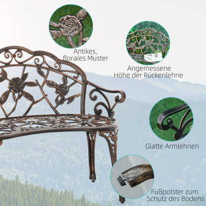 2-Seat Metal Garden Bench, Vintage Floral Park Bench, Bronze