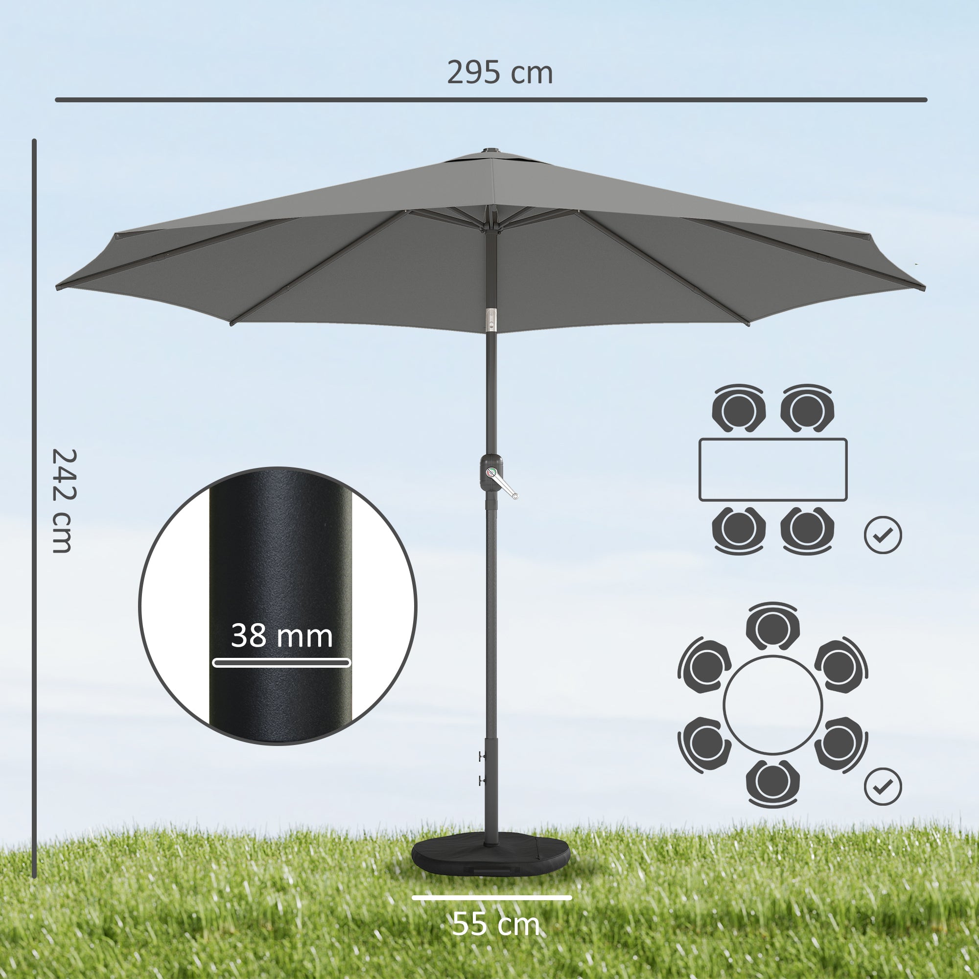 Outdoor Patio Umbrella, 10 ft x 10 ft (3 x 3 m) — Crank, Adjustable Tilt, Retractable Ribs, Metal Base & Sandbag, Dark Gray