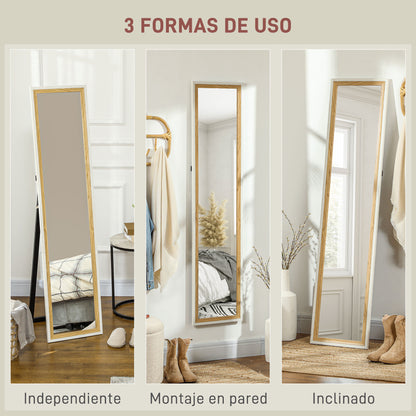 Full-Length Mirror 157x37 cm Floor or Wall Mirror with MDF Frame and Stand for Bedroom Living Room White and Dark Natural