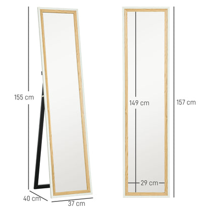 Full-Length Mirror 157x37 cm Floor or Wall Mirror with MDF Frame and Stand for Bedroom Living Room White and Dark Natural